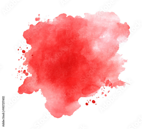 Red watercolor blob with texture and splashes isolated on black background, vector element