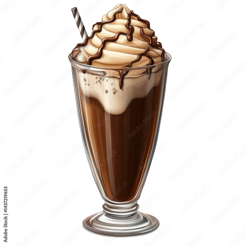 Iced coffee with whipped cream looks luscious, drizzled with chocolate sauce, offering tempting dessert drink Iced coffee with whipped cream looks luscious, drizzled with chocolate sauce, offering tempting dessert drink