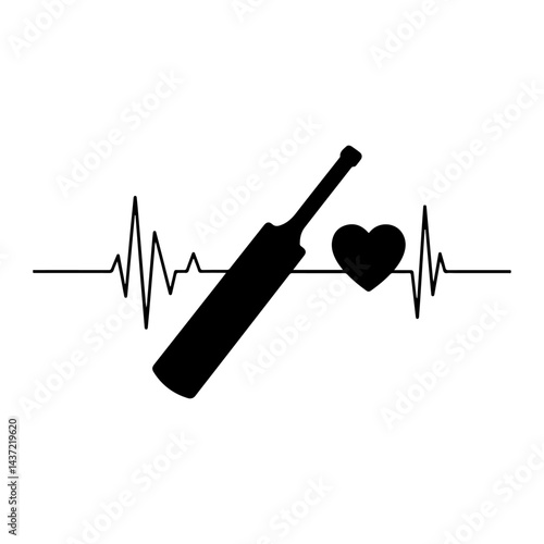 Cricket lovers Heartbeat silhouette icon vector flat design on white background.