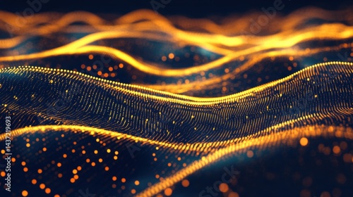 Digital light trails in neon gold hues weaving through a dark futuristic abstract background, symbolizing fast data flow.