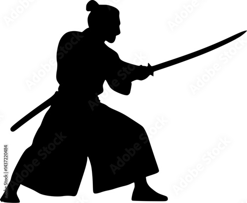 Black Silhouette of a Samurai Warrior in Kimono Holding Katana Sword in Battle Stance for Japanese Martial Arts and Bushido Culture Concept in Graphic Art Style