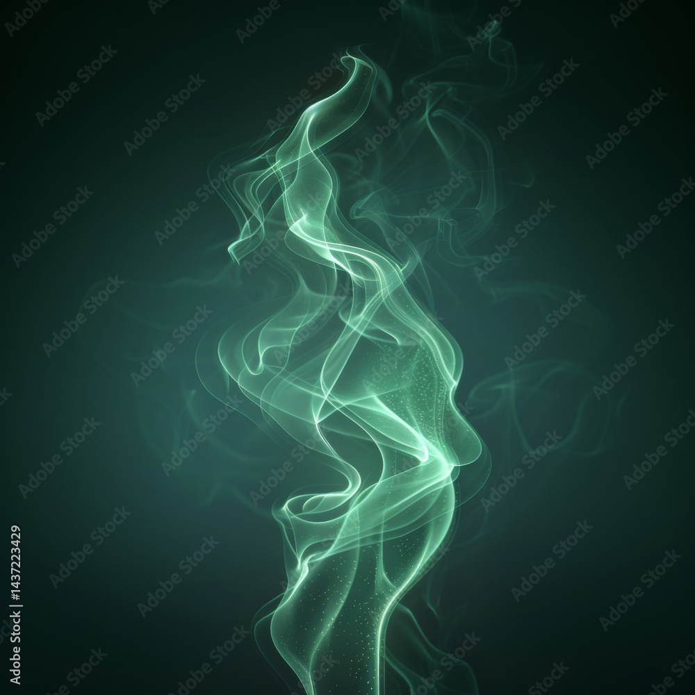 Obraz premium Vivid green smoke twisting elegantly in the air, isolated on a deep black background. The swirling form glows subtly, creating high contrast and a sense of motion concept