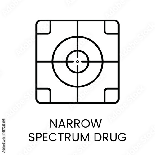 A square icon with a crosshair design, representing precision and targeting in narrow spectrum drugs, in vector style, with an editable stroke
