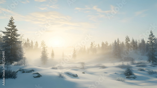 Wallpaper Mural Serene winter landscape of snow-covered hills and misty forest with soft sunlight Torontodigital.ca