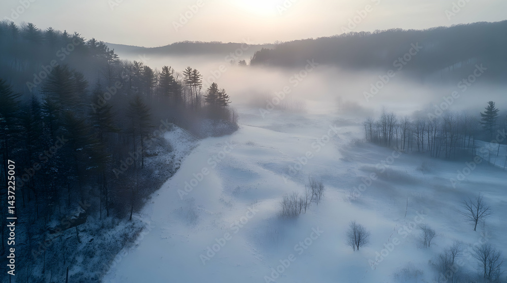 Fototapeta premium Ethereal winter landscape with fog-shrouded trees at sunrise illuminating snow