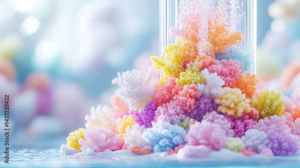 Fototapeta premium Colorful crystal formations in a clear glass container. A vibrant display of various pastel colored crystals