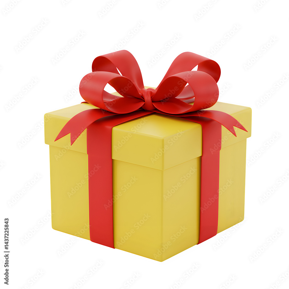 Obraz premium Yellow gift box with red ribbon and red bow on white or transparent background, PNG