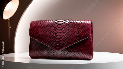 Ultra HD macro shot of a burgundy maroon clutch, highlighting the natural scales and glossy finish, studio lighting to enhance depth, 8K texture detail