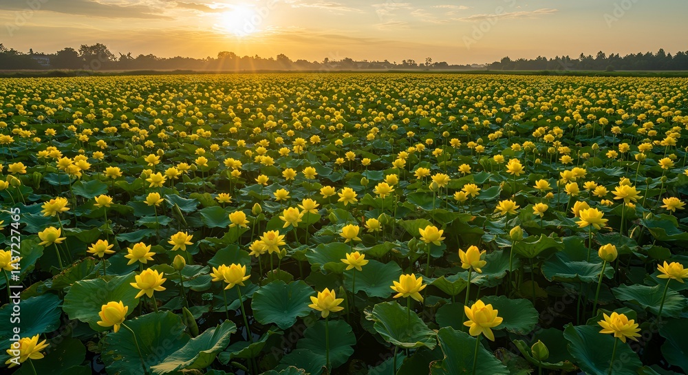 Obraz premium * Golden Lotus Field at Sunset * Vast Yellow Lotus Flower Landscape * Sunrise Over a Sea of Yellow Lotuses * Blooming Lotus Pond at Dawn * Endless Field of Yellow Water