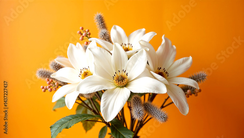 vibrant flowers arranged artistically with fluffy silver thistle flowers and delicate orange blossoms, all set against a solid bright orange background