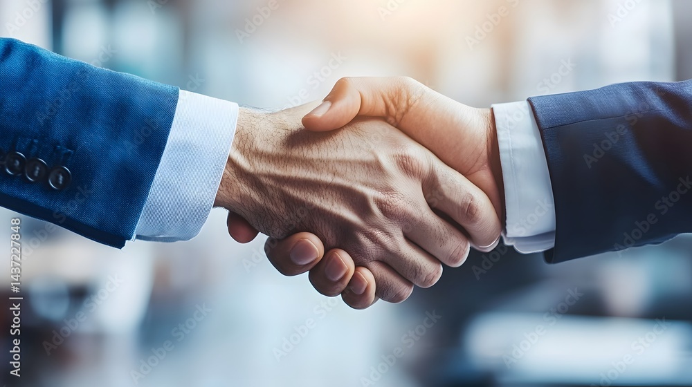 Close-up view of two businessmen shaking hands in a professional agreement. Close-up view of two businessmen shaking hands in a professional agreement.