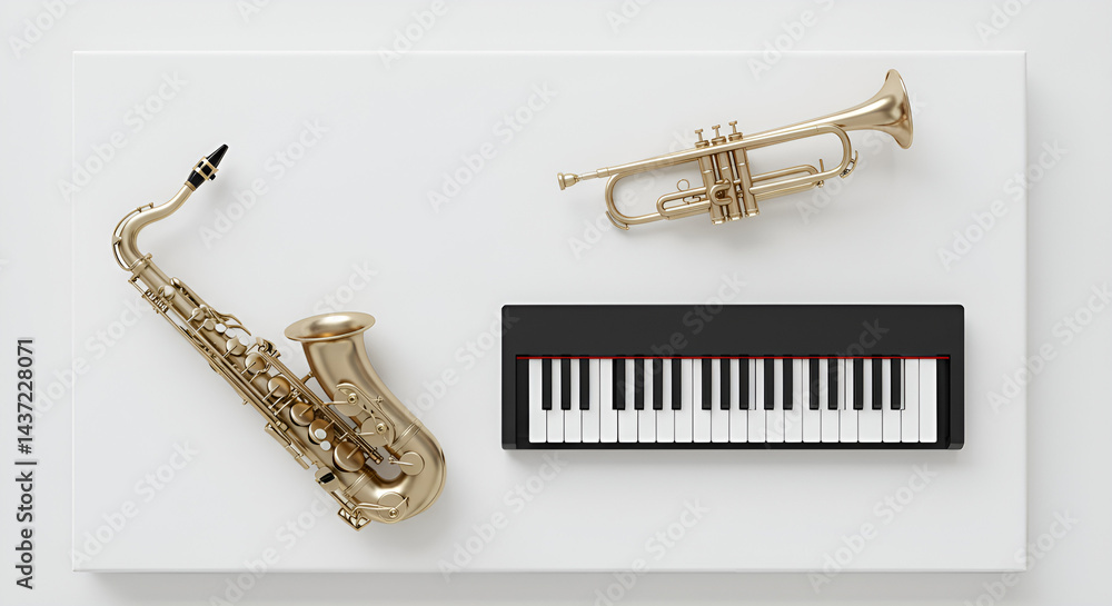 Naklejka premium Minimalist design of jazz instruments — saxophone, piano, trumpet — arranged neatly on a white canvas