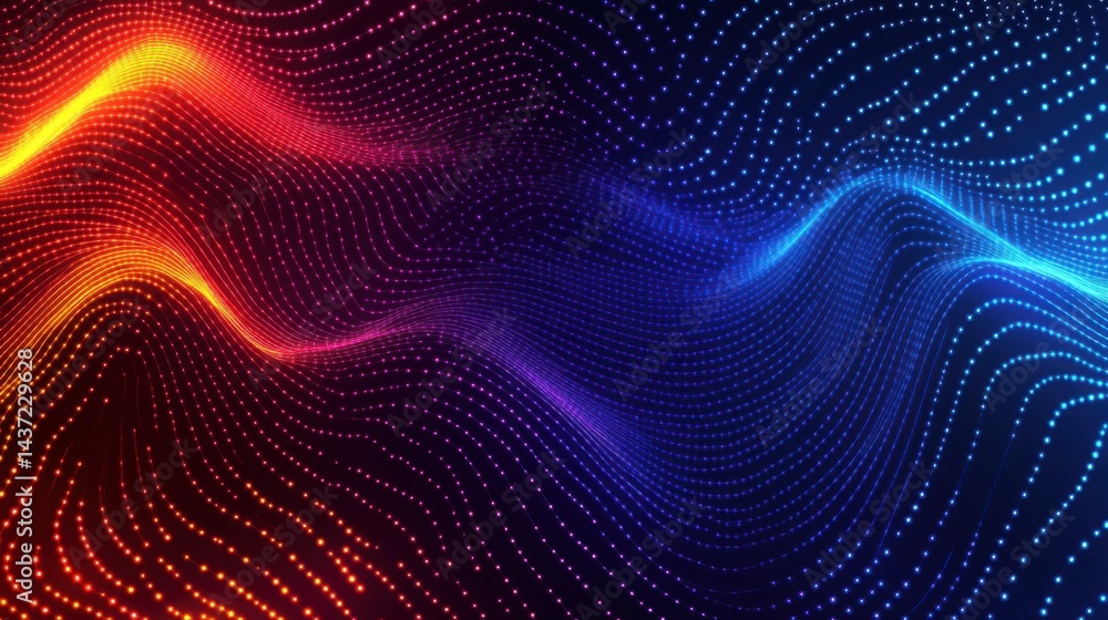 Fototapeta premium Abstract waves of neon blue and yellow glowing light forming a modern, energetic tech-inspired background on deep red and blue.
