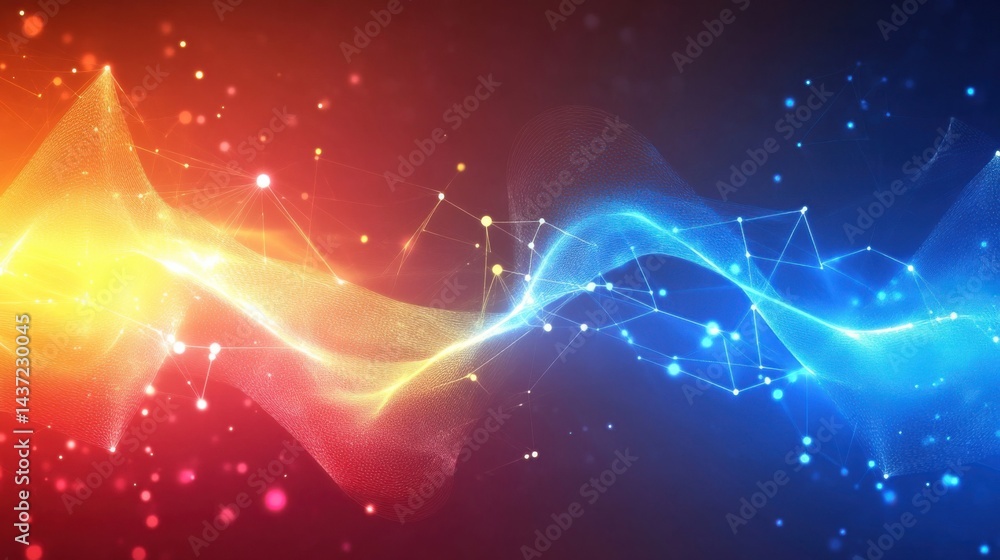 Obraz premium Cyber-futuristic abstract background with a blend of neon blue and yellow gradients and geometric shapes over a red and dark blue palette.