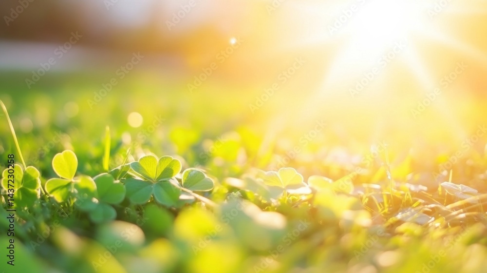 Fototapeta premium Sunlight bathes vibrant green clover leaves, creating a peaceful atmosphere in a grassy area on a warm afternoon
