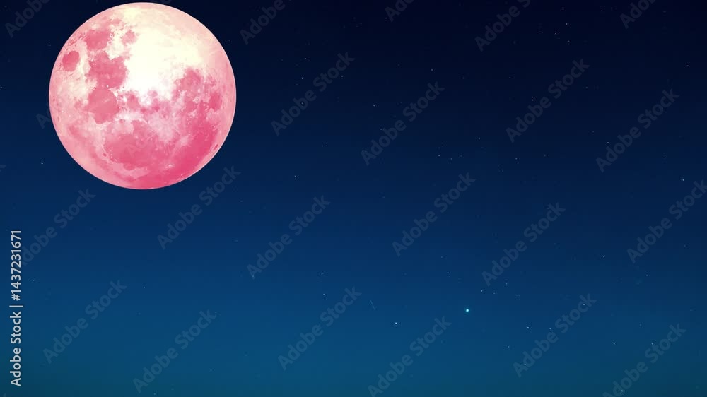 A pink moon shining brightly in a dark blue night sky with scattered stars across the background view A pink moon shining brightly in a dark blue night sky with scattered stars across the background view