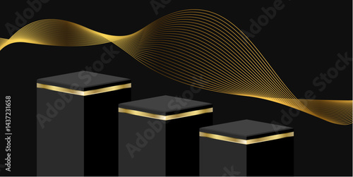 Elegant 3D luxury podium vector featuring dynamic lighting and gold accents. Ideal for premium product displays, branding, and modern promotional visuals.