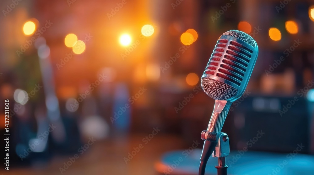 A microphone is placed in focus, preparing for an upcoming live performance in an intimate setting with warm lighting