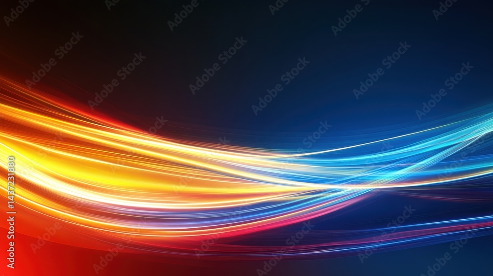 Fototapeta premium Tech-inspired abstract art with vibrant neon blue and yellow streaks moving dynamically across a deep red and blue background.