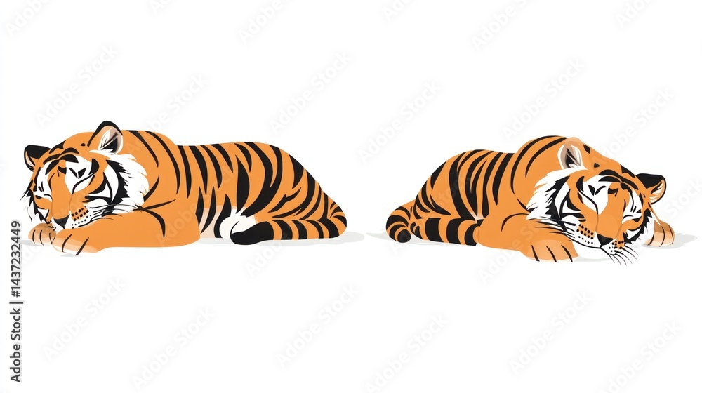 Obraz premium Two tigers sleeping, white background, wildlife illustration, children's book