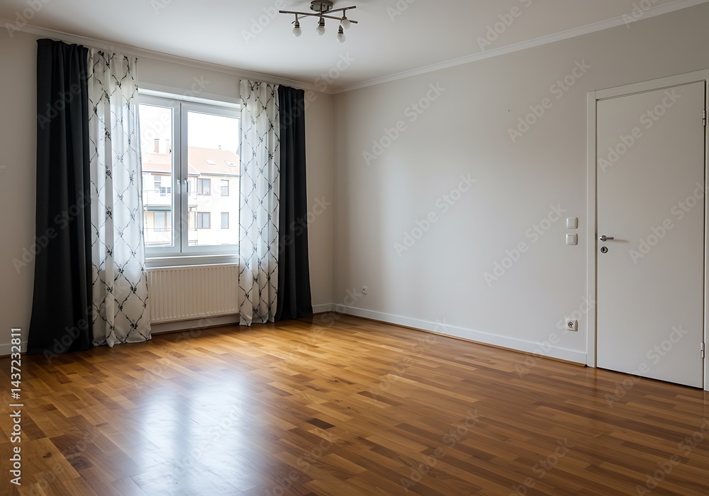Fototapeta premium Interior view of an empty room with hardwood floors and a window with curtains in a residential building