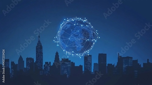 Global Network Over Night City Skyline