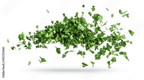 Chopped Dry Parsley Leaves Flying, Isolated on White Background, Capturing the Essence of Freshness and Flavor
