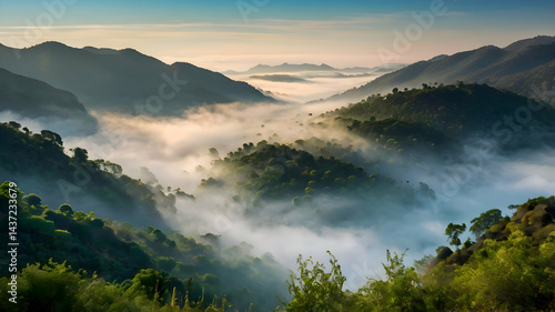 Fototapeta Naklejka Na Ścianę i Meble -  Scenic Foggy Mountain Landscape with Dramatic Sky, Majestic Peaks - Ideal for Travel Websites, Book Covers, and Backgrounds