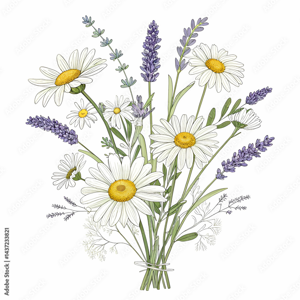 Fototapeta premium Bouquet arrangement of wildflowers, including daisies, chamomile, and other delicate blooms