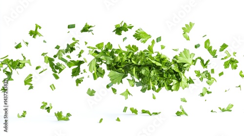Chopped Dry Parsley Leaves Flying, Isolated on White Background, Capturing the Essence of Freshness and Flavor
