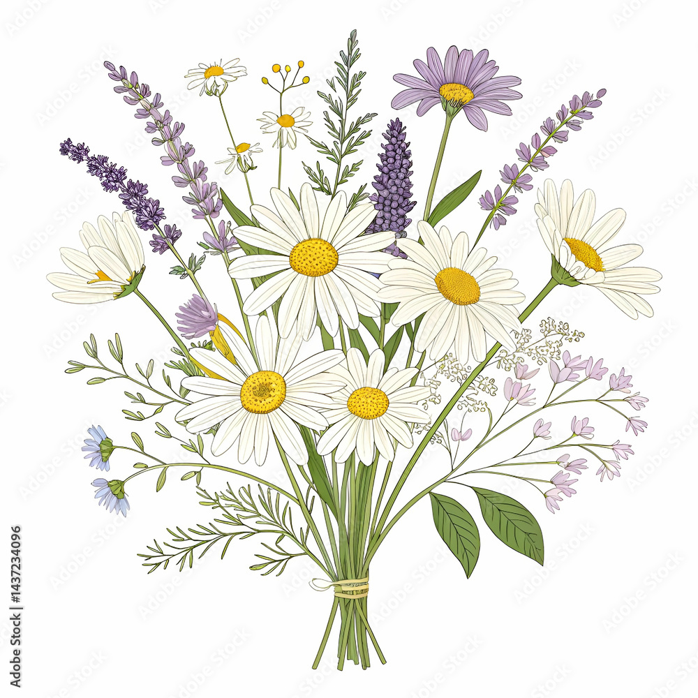 Bouquet arrangement of wildflowers, including daisies, chamomile, and other delicate blooms Bouquet arrangement of wildflowers, including daisies, chamomile, and other delicate blooms