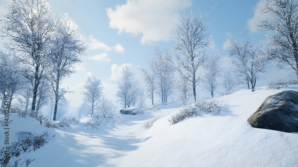 Serene winter landscape with frosted trees and a blanket of fresh snow Serene winter landscape with frosted trees and a blanket of fresh snow