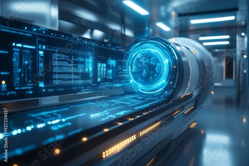 Futuristic medical scanner with glowing blue holographic interface. High-tech diagnostics in a sleek, modern lab setting. Perfect for sci-fi, innovation, AI healthcare, and advanced technology themes.