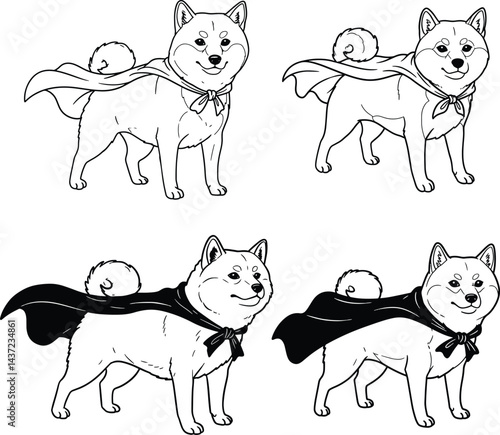 Illustration of dogs line art, wearing a super hero cape