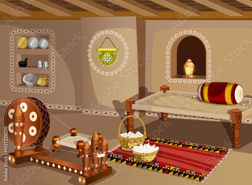 Wooden Churkha with Yarn and Wool in Wooven Baskets Placed in Traditional Mudhouse Living Room with Charpai, Painted Walls, Shelf Adorned with Steel Utensils. Rural Home Interior 