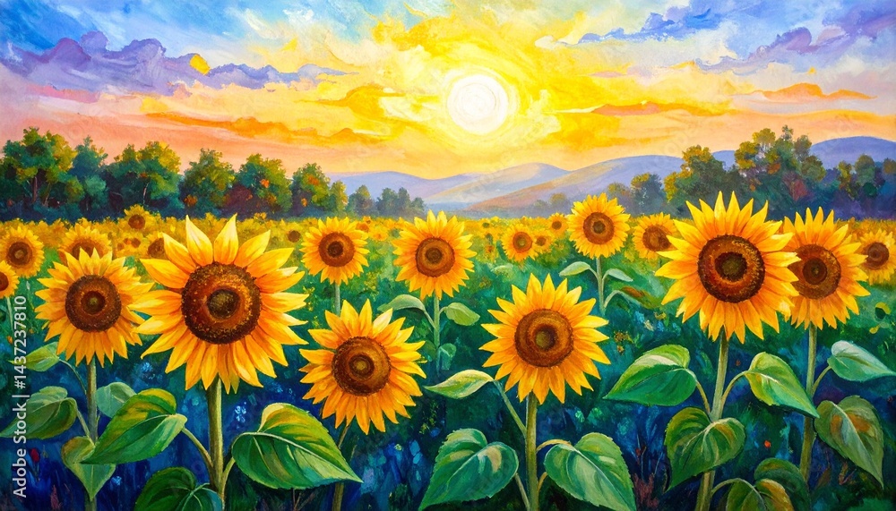 Obraz premium Illustration de paysage de champ de tournesol