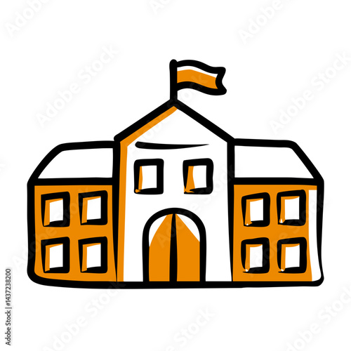 Illustration of a school building with orange accents and a flag atop the roof, educational concept