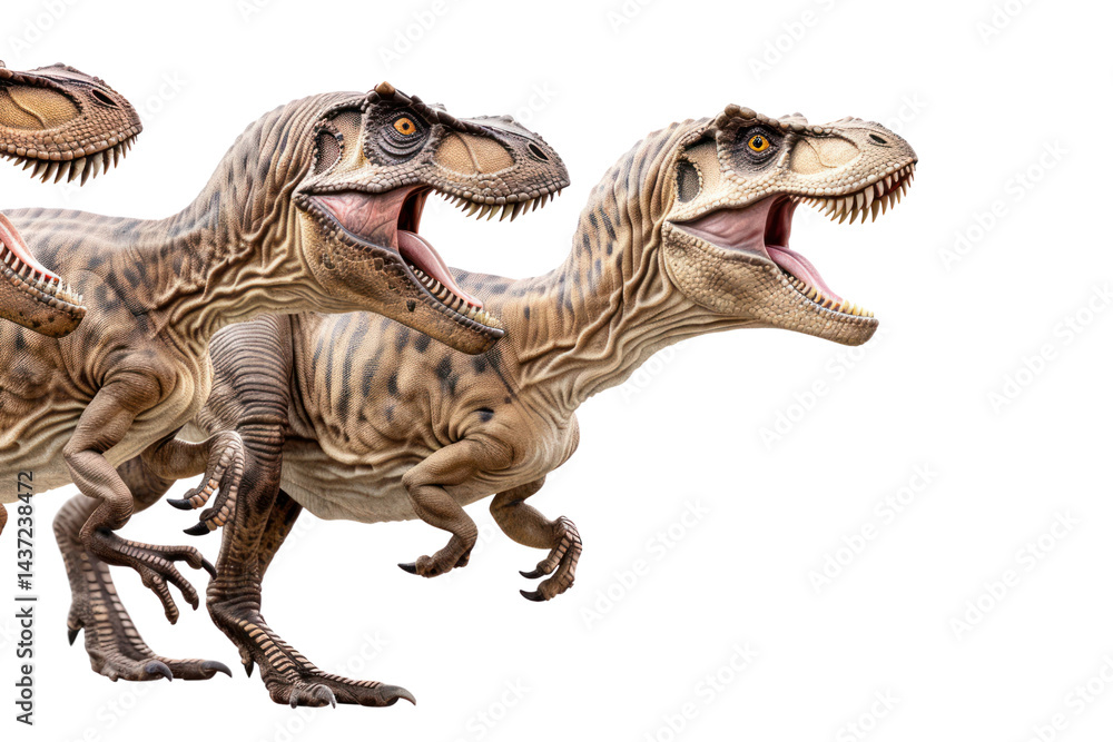 Obraz premium Three realistic T-Rex dinosaur models in a row with open mouths, detailed textured skin, teeth, and fierce expression, set against a white background