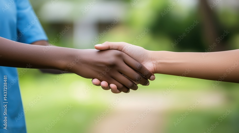 Close-up of two people with different skin tones shaking hands in a green outdoor setting Close-up of two people with different skin tones shaking hands in a green outdoor setting