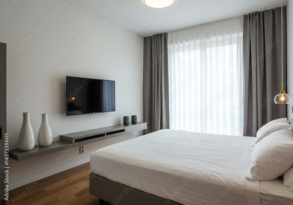 Bedroom interior with bed tv vases and curtains in a minimalist design style and soft natural light Bedroom interior with bed tv vases and curtains in a minimalist design style and soft natural light