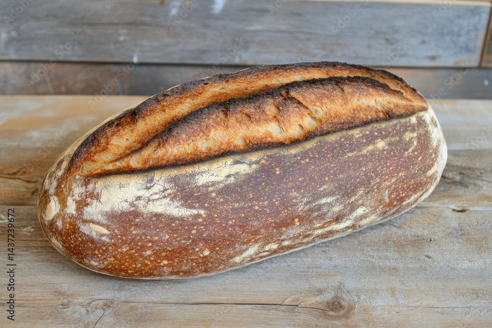 Artisan loaf of sourdough bread, crusty and unevenly browned, resting on rustic wooden surface Artisan loaf of sourdough bread, crusty and unevenly browned, resting on rustic wooden surface