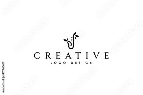 saxophone logo with natural leaf decoration in flat vector design