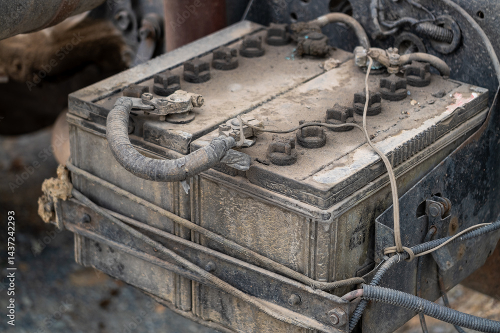 Maintenance of vintage vehicle battery garage technical insight dusty environment close-up view
