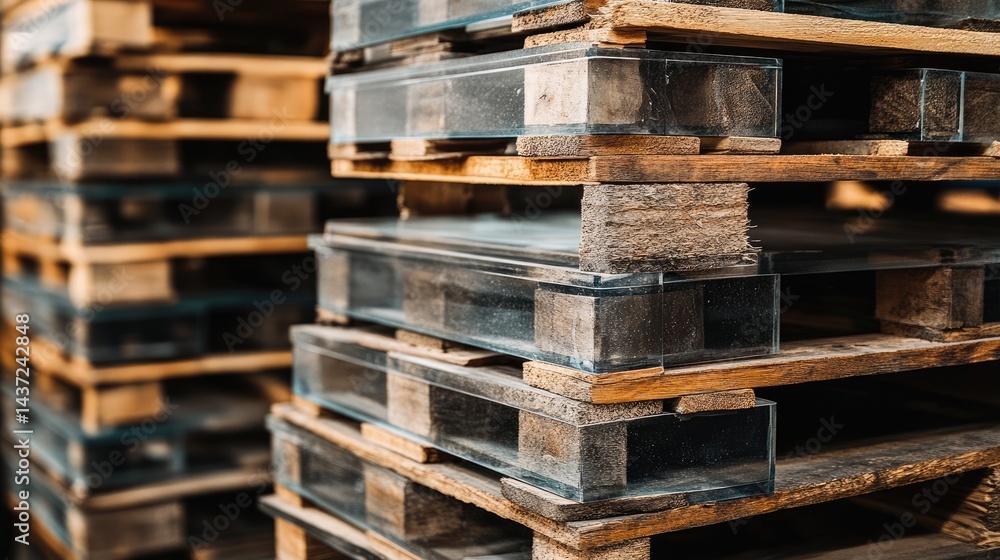 Clear glass panels with polished edges placed on wooden pallets Clear glass panels with polished edges placed on wooden pallets