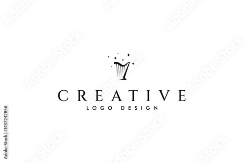 Harp traditional musical instrument logo decorated with stars in abstract vector design