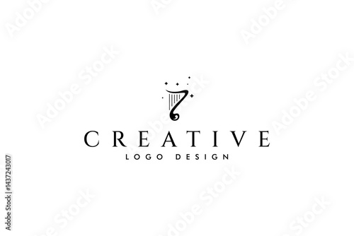 Harp traditional musical instrument logo decorated with stars in abstract vector design