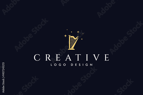 luxury harp logo with gold color in flat vector design style