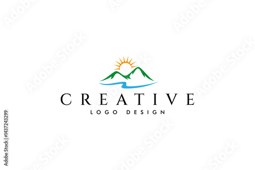 Vector logo on which the abstract image of mountain nature with lake river water
