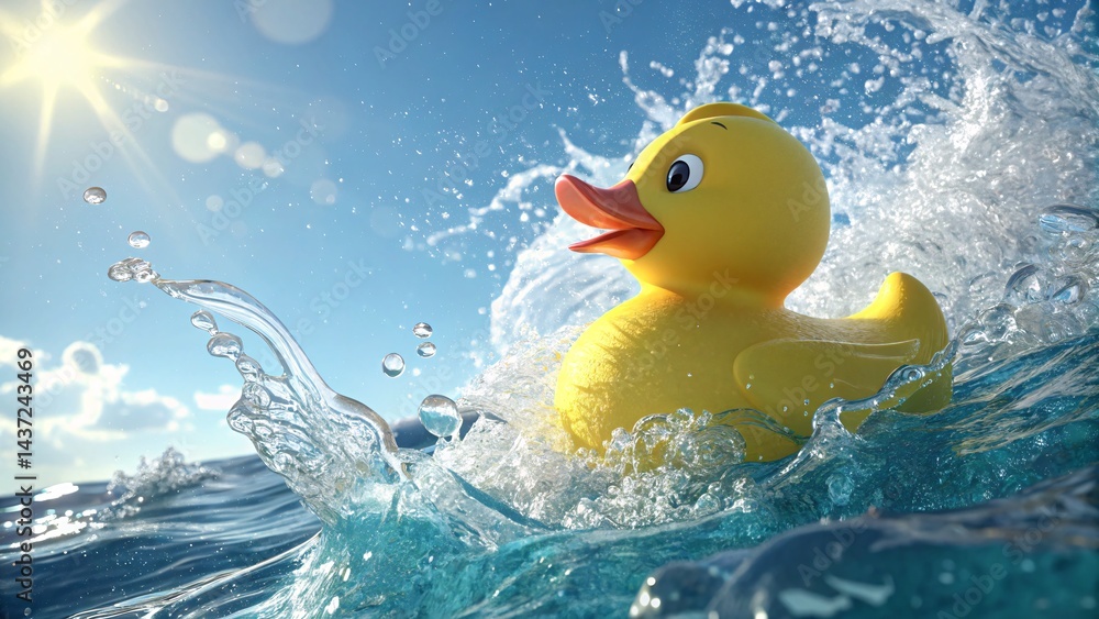 A cheerful yellow rubber ducky joyfully riding ocean waves under a bright sunny sky splashing in crystal clear water with a vibrant sunny backdrop A cheerful yellow rubber ducky joyfully riding ocean waves under a bright sunny sky splashing in crystal clear water with a vibrant sunny backdrop