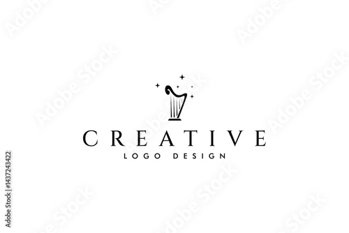harp musical instrument logo decorated with stars in abstract vector design